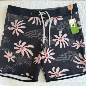 Quiksilver Black Floral Boardshorts with Beige Flowers